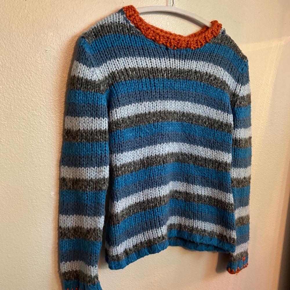 Delia*s blue striped Knit Sweater + orange Accents kL